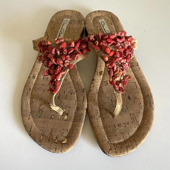 Oscar De La Renta Sandal Thong Slip On Flip Flop Flat Cork Embellished B… - Picture 5 of 8